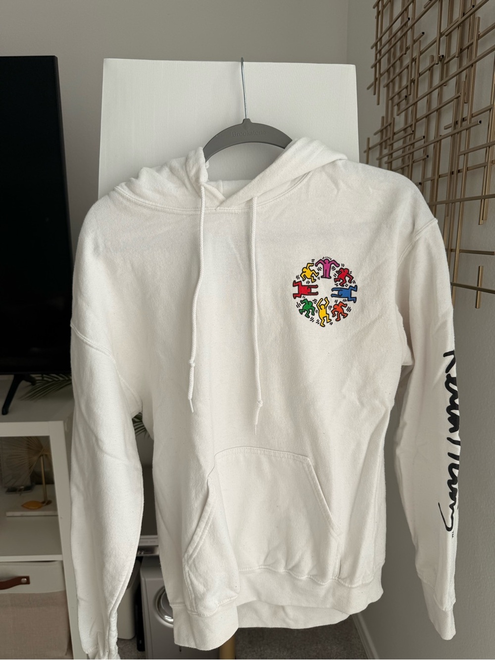 White Hooded Pullover Sweatshirt with Multicolor Graphic